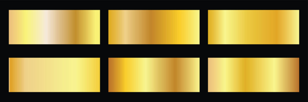 Luxury gold gradient swatches set for vector design. Collection of golden foil textures, yellow brass, polished chrome and bronze metallic effects for elegant branding, labels and premium decor. 