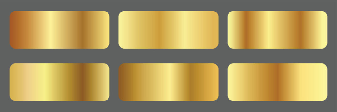 Elegant classic gold gradient swatches collection. Metallic textures with polished foil shine and satin smooth. Glossy palette for premium and luxury designs and branding.gold gradients metallic set. 