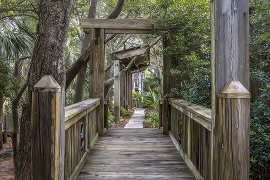 Wooden Boardwalk Path Through Lush Green Forest Scenery.