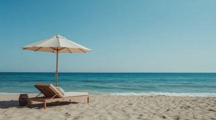 Fototapeta premium Serene beach lounge chair with umbrella by turquoise sea, peaceful summer relaxation