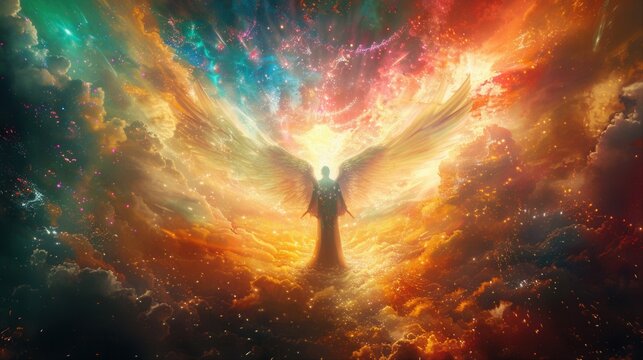 Fantasy art angel illustration with glowing wings in cosmic clouds