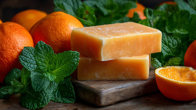 Handmade Orange and Mint Soap Bars with Fresh Ingredients.