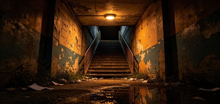 Creepy abandoned underground stairwell with peeling faded walls, Ideal for horror suspense web banners, thriller novel PPT backgrounds, cosplay backdrops.