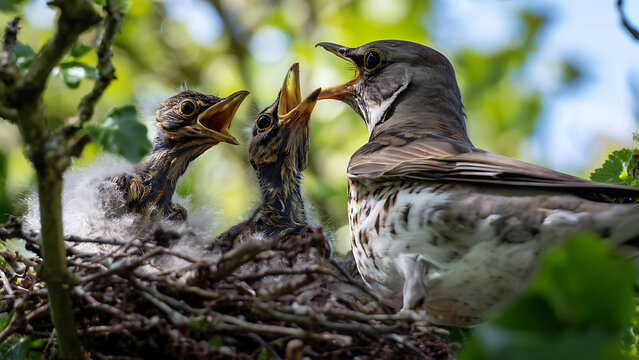 Mother bird feeding hungry chicks in a nest on a sunny day.