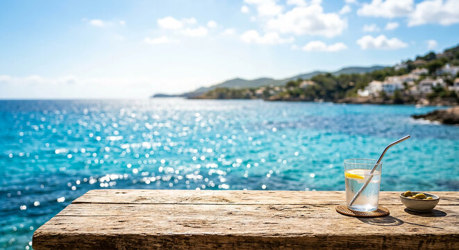 Rustic Wooden Table with Blurred Mediterranean Sea Background