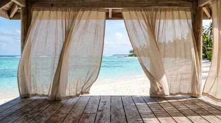 Naklejka na ściany i meble Tropical beach view from a wooden terrace with blowing curtains and white sand, perfect for luxury travel blogs, wellness presentations, and hotel banners