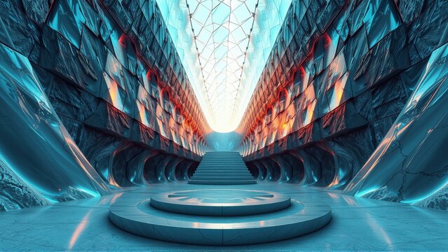 Futuristic interior. Dramatic lighting highlights angular stone walls. Circular platform centers composition, leading eyes toward distant light source.
