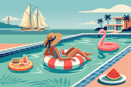 A woman relaxing on a striped pool float in a luxury resort pool, with a flamingo float, sailboat, palm trees, cocktail, and watermelon, summer vacation vibes. Vector illustration