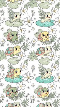 Cute cartoon turtles and flowers seamless pattern