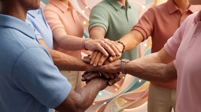 This image depicts a close-up of a group of people stacking their hands together in the center, a classic gesture symbolizing teamwork, unity, and solidarity.