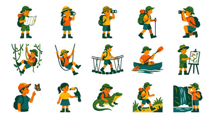 Fototapeta premium Outdoor Adventure Kids Set: Flat Vector Cartoon Illustrations of Children Exploring Nature and Wildlife