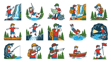 Naklejka premium Cartoon Kids Outdoor Adventure Activities Vector Set: Children Exploring Nature, Hiking, Camping, Fishing Illustrations