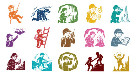 Obraz premium Flat Vector Illustration of Kids Exploring Caves and Caving Activities, Spelunking Adventure Set