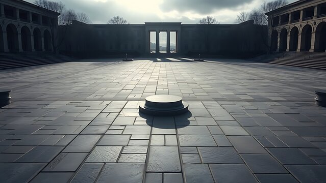 A vast, empty stone plaza with a solitary podium under overcast light.