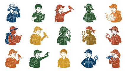Obraz premium Outdoor Adventure Kids Icons Set. Vintage Textured Vector Illustrations of Children Exploring Nature.