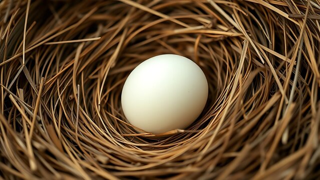 Single cuckoo egg lying in a nest belonging to a smaller bird.
