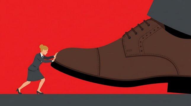 Determined businesswoman resisting a giant dress shoe on red background