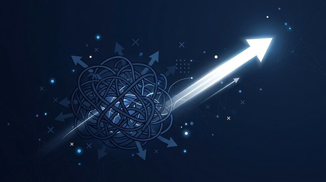 Glowing white arrow emerging from chaotic tangled blue lines