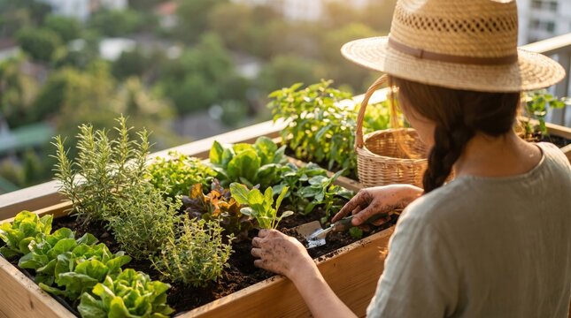 Woman gardening on balcony terrace planting herbs and vegetables in wooden planter boxes during sunny day.