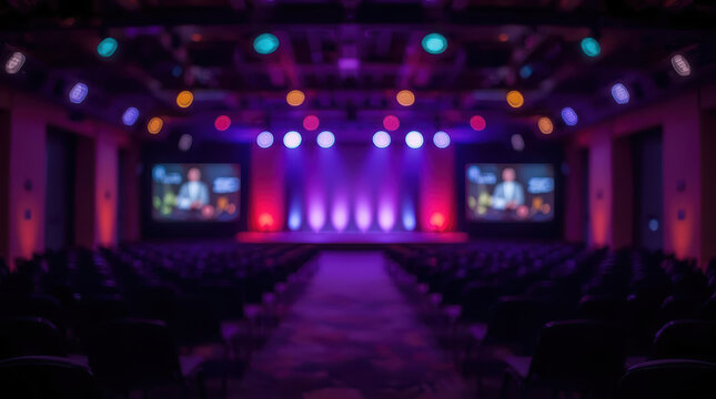 Blurred conference hall stage lighting purple blue mood modern event space