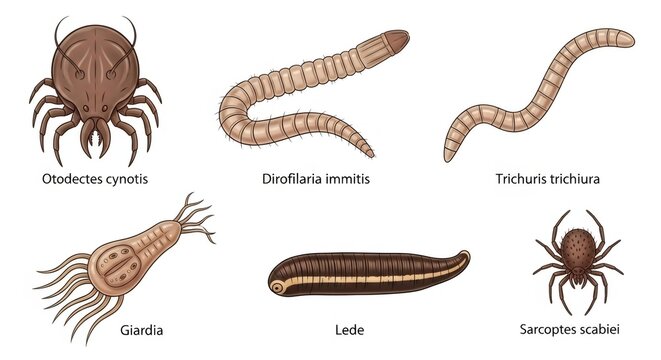 Collection of various veterinary internal and external parasites. Medical illustration showing infographic of common pet viruses and worms for veterinary diagnosis and animal disease control.