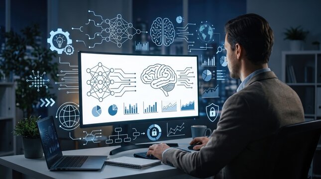 Man working on computer with artificial intelligence brain interface graphics