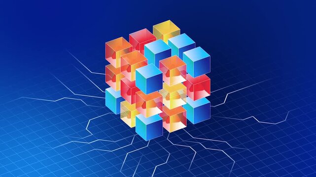 Isometric Complex Data Core Built with Interconnected Blue and Orange Tech Cubes 2D Animation
