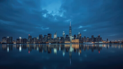Fototapeta premium Blue hour skyline waterfront reflection, city skyline, calm water, illuminated tower