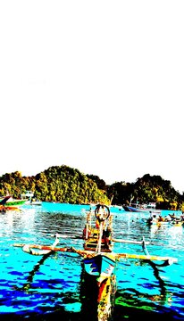 Vivid posterized digital illustration of a traditional Indonesian outrigger fishing boat floating on vibrant turquoise sea