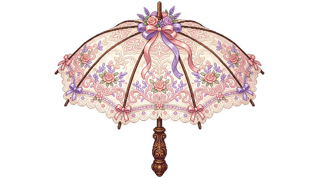 Elegant vintage parasol featuring intricate lace floral embroidery and delicate silk ribbons on white background