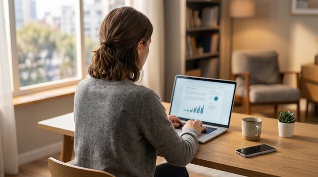 Woman working on laptop at home office desk, remote work lifestyle concept, professional analyzing business charts and financial data online