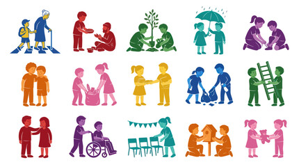 Fototapeta premium Flat Design Community Service Icons Set. People Helping, Volunteering, Caring, and Social Responsibility Pictograms Vector Collection.