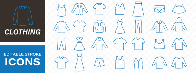 Clothing, apparel line icons set. Oversize t-shirt, hoodie, wide-leg jeans, puffer jacket, jumpsuit flat minimal vector illustrations. Simple outline signs. © top3