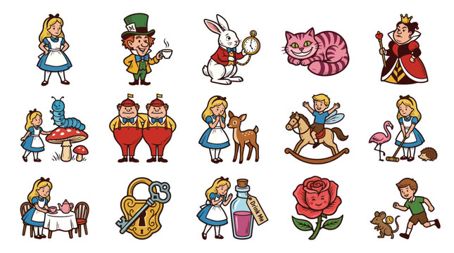 Alice in Wonderland characters, objects, and scenes, flat vector illustration