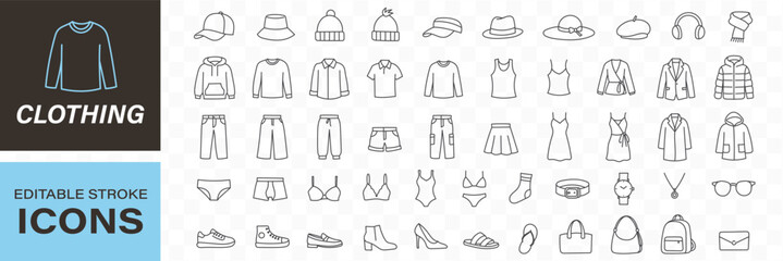 Clothing, apparel line icons set. Oversize t-shirt, hoodie, wide-leg jeans, puffer jacket, jumpsuit flat minimal vector illustrations. Simple outline signs. © top3