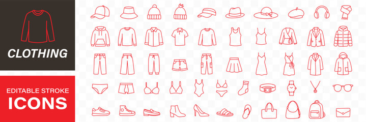 Clothing, apparel line icons set. Oversize t-shirt, hoodie, wide-leg jeans, puffer jacket, jumpsuit flat minimal vector illustrations. Simple outline signs. © top3