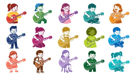 Fototapeta premium Cheerful Diverse Kids Playing Guitars Music Education Flat Style Vector