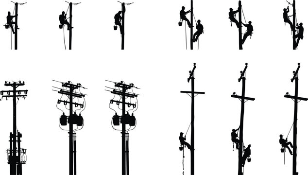 Silhouettes of linemen working on utility poles and transformers lineman electrician