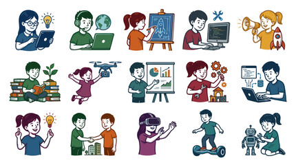 Fototapeta premium Children Engaging in STEM Education, Technology, and Innovation, Flat Design