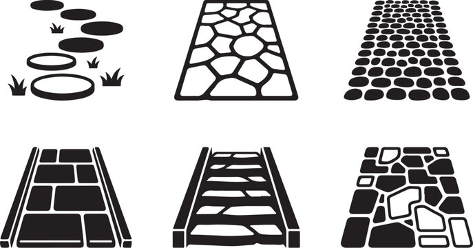 Six types of paving stone and brick patterns for garden paths Vector