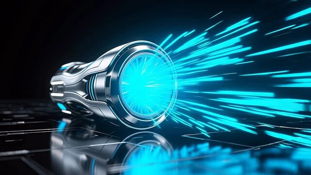 Futuristic silver jet engine with blue glow