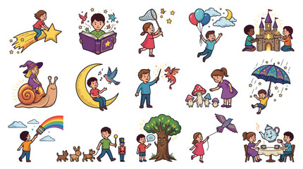 Fototapeta premium Childhood Imagination Learning: Colorful Cartoon Vector Illustrations of Kids Playing and Exploring