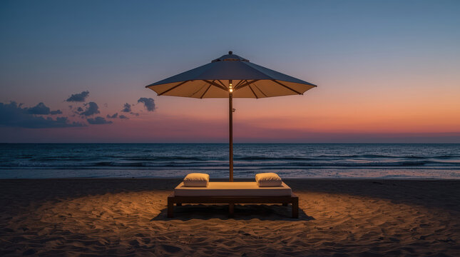 Sunset beach daybed under umbrella with soft lighting and serene ocean mood
