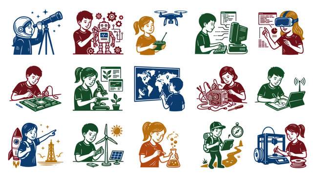 Kids in STEM exploring technology, robots, VR, and science experiments, flat vector art
