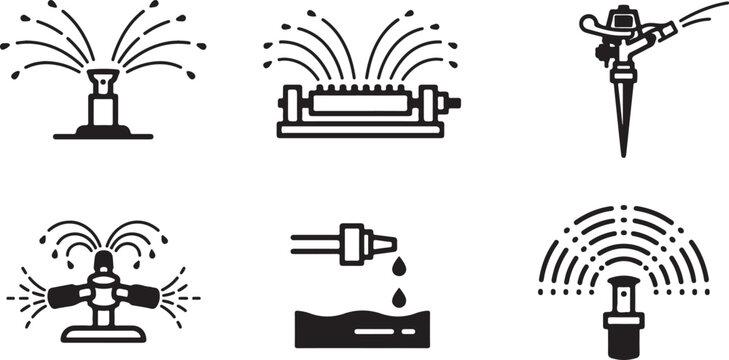 Six types of sprinkler and irrigation system icons Vector