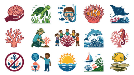 Fototapeta premium Ocean Conservation Icons - Flat Style Illustrations of Marine Life and Nature
