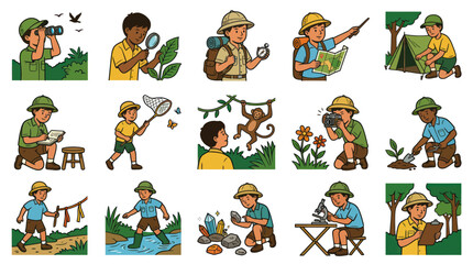 Obraz premium Cartoon Vector Illustration Set of Kids Exploring Nature, Science, and Outdoor Education Activities