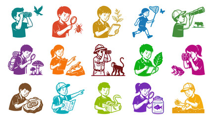 Obraz premium Educational Kids Nature Science Exploration Vector Illustrations - Children Learning Outdoors Activities Flat Graphic Art