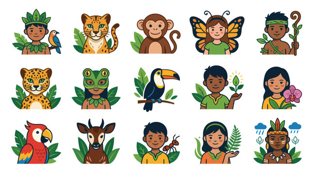 Amazon Rainforest Flat Design Avatars: Indigenous People, Wildlife, and Nature Cartoon Character Icons