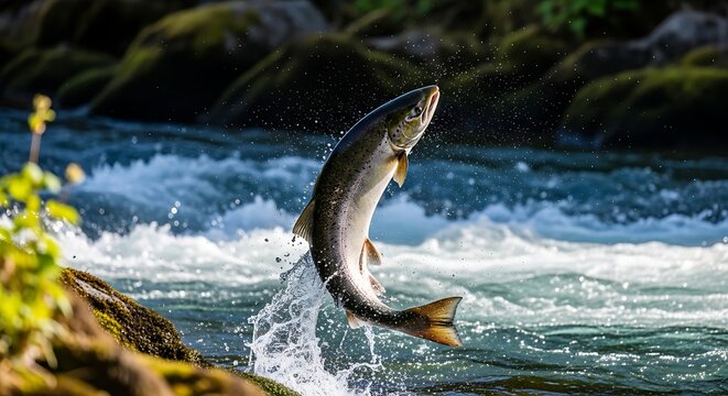 Salmon leaping out of river water